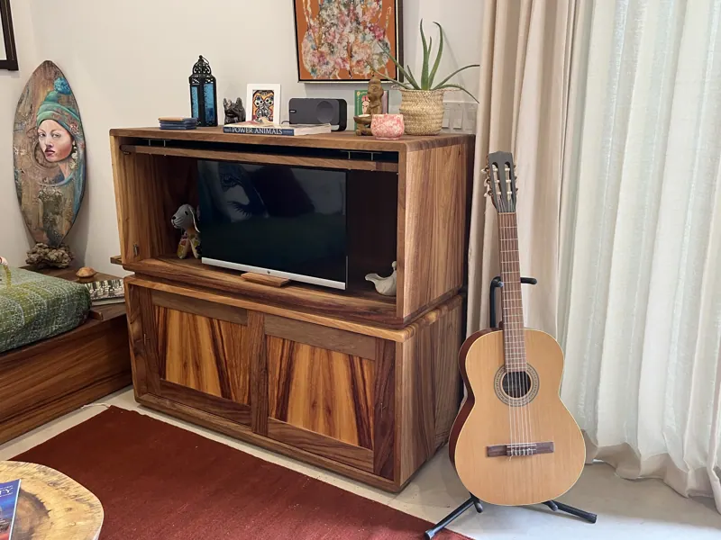 Wood media cabinet with figured panels